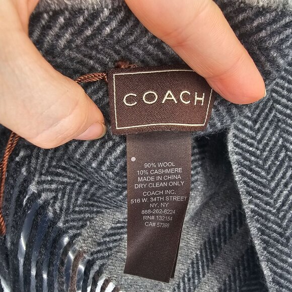 Coach Wool Cashmere Scarf Herringbone & Stripe With Fringe 12"x66" Quiet Luxury - Picture 3 of 9